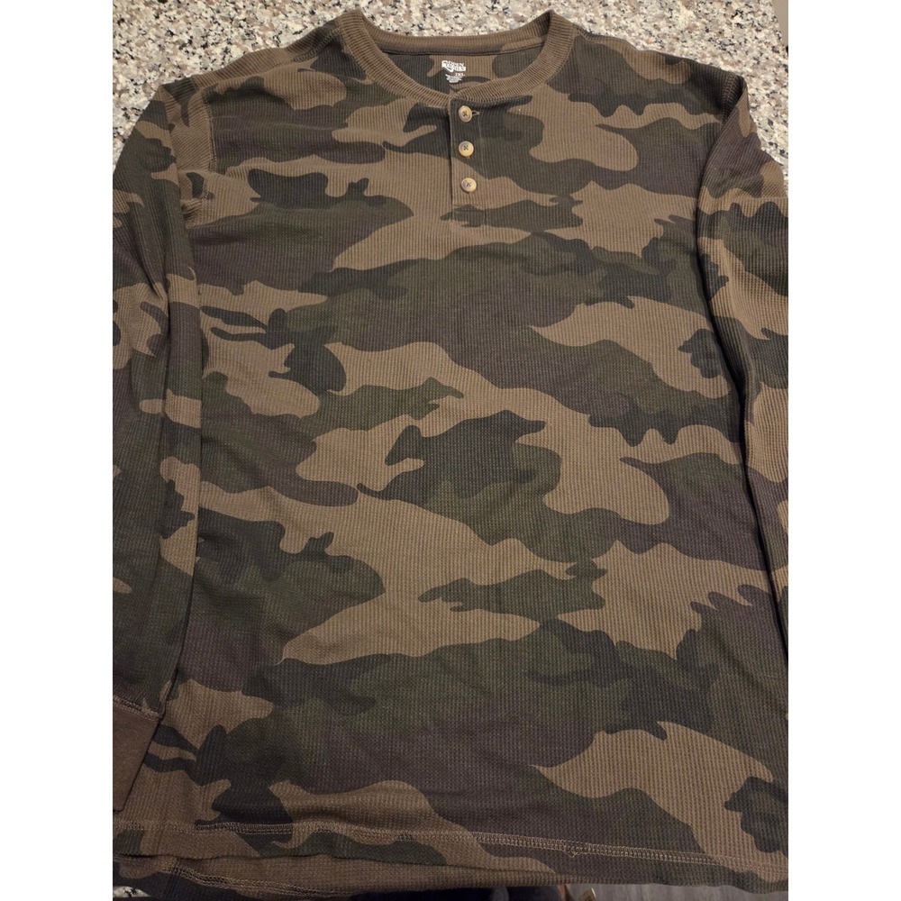 Open Trails Mens 2XL Camo Waffle Knit Henley Shirt Long Sleeve Thermal Green Brn